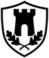 Tower shield emblem vinyl decal, black castle tower with leaves in white shield border