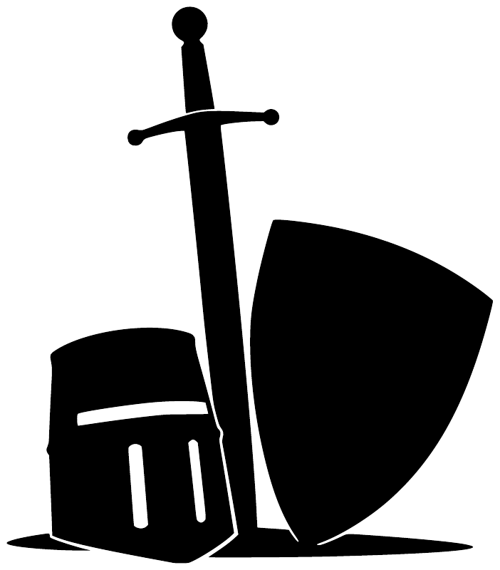 Black vinyl decal of helmet with vertical sword and round shield, isolated