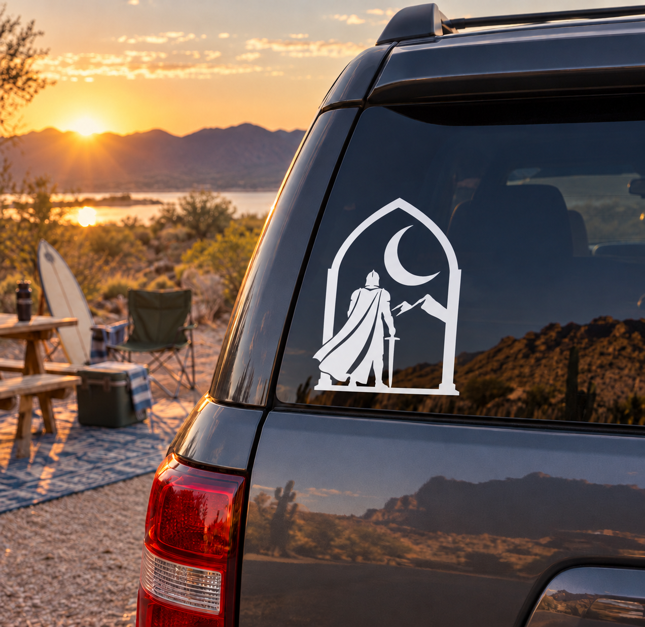 Knight in arched window vinyl decal for car, with moon and mountains silhouette