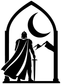 Black knight silhouette vinyl decal in arched window with moon and mountains
