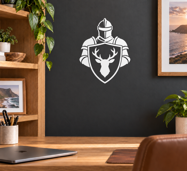 Shield vinyl decal with knight helmet and antler crest, white on dark surface