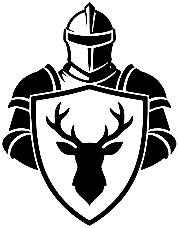 Knight shield vinyl decal with antlered deer crest and helmet, black-and-white