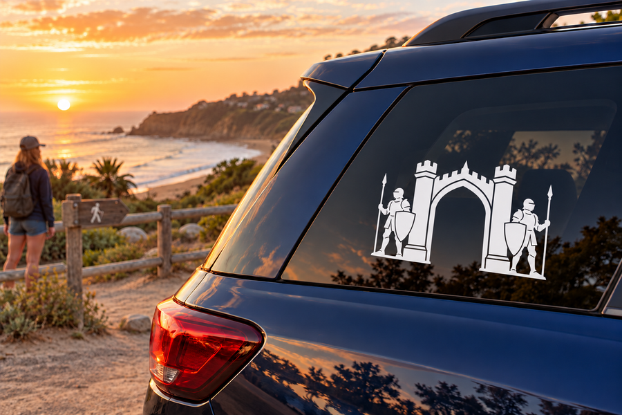 Vinyl car window decal showing a white gateway with two armored knights holding shields