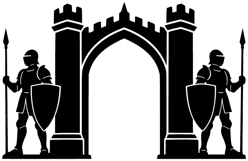 Vinyl car decal of a black-and-white arch gateway with two shielded knights