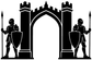 Vinyl car decal of a black-and-white arch gateway with two shielded knights