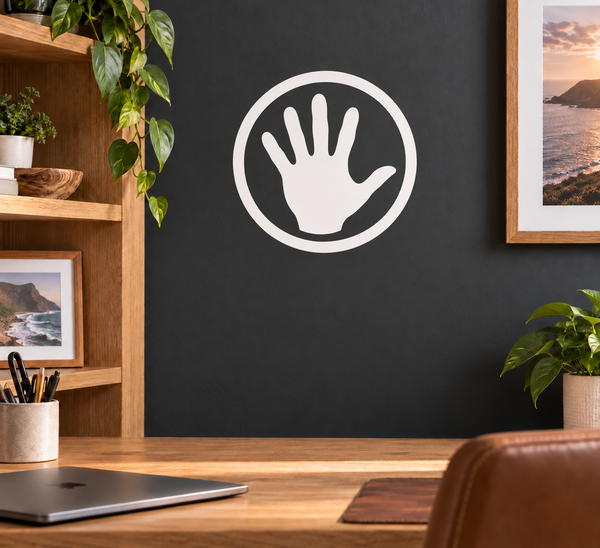 Vinyl palm emblem decal: black hand silhouette in a white circle