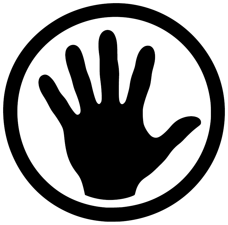 Vinyl palm emblem decal close-up: black hand silhouette on a white circle with border