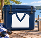 Vinyl decal of a folded training shirt with dark V-neck on a blue case