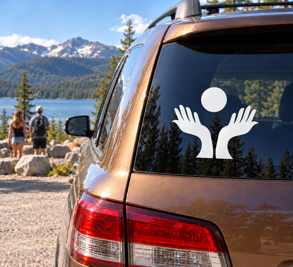 Vinyl decal of raised hands with circle head silhouette on car window
