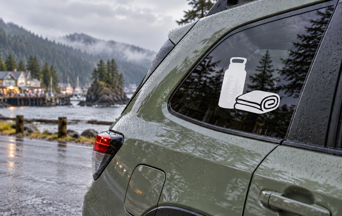 White kung fu water-break vinyl decal: bottle and rolled towel on car window