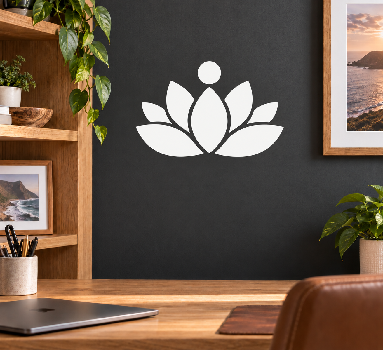White lotus flower vinyl decal with central teardrop and small circle above