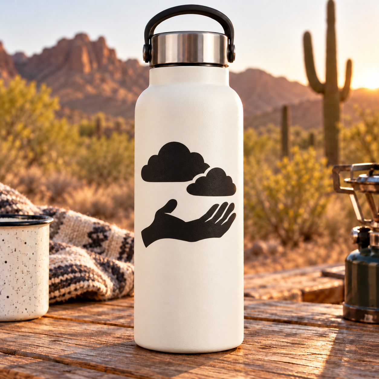 Black cloud and palm hand vinyl decal on a white bottle