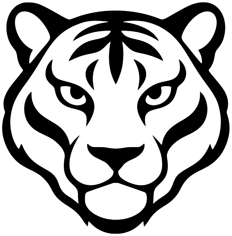 Tiger head vinyl decal, bold black-and-white stylized face with ears