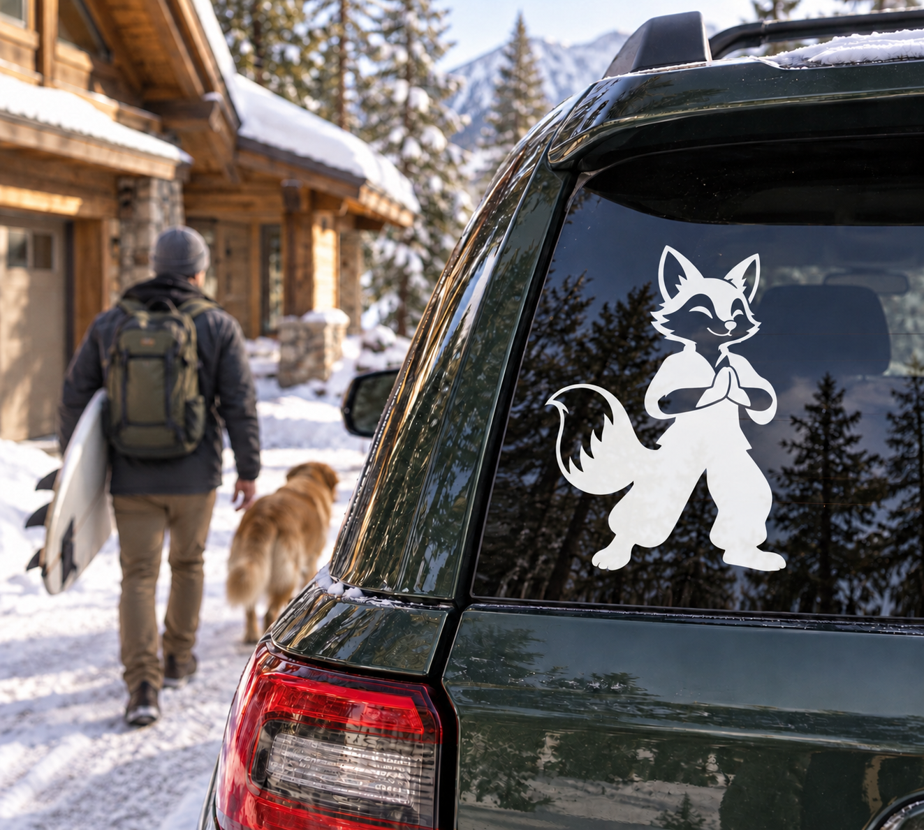 Fox praying vinyl decal on dark car window