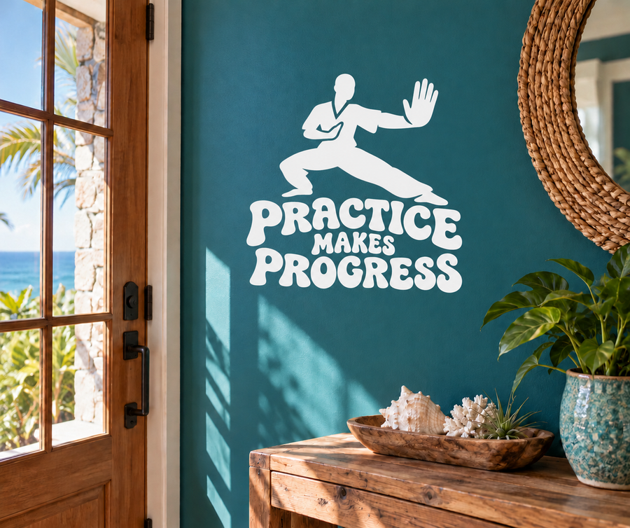 White kung fu vinyl decal: kneeling practice silhouette with 'PRACTICE MAKES PROGRESS'