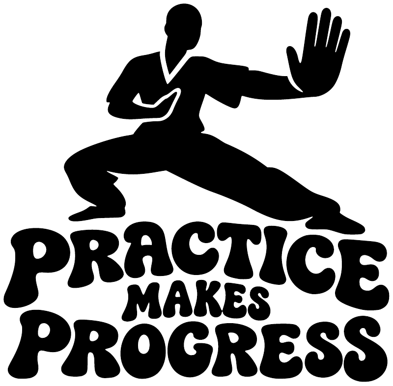 Black vinyl decal silhouette with 'PRACTICE MAKES PROGRESS' lettering