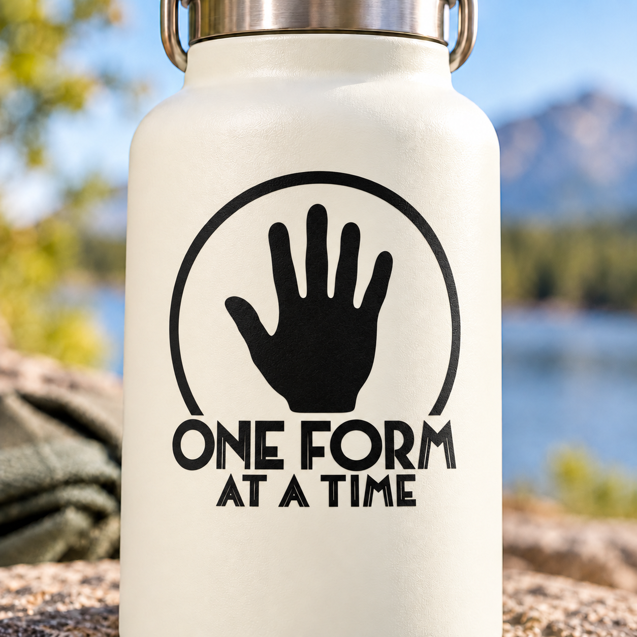 Vinyl wall decal with black hand icon and 'ONE FORM AT A TIME' text