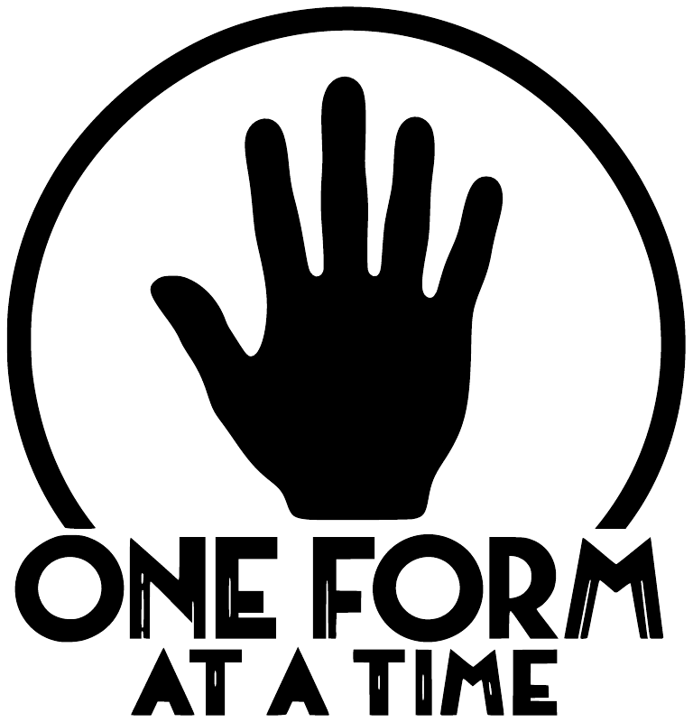 Vinyl decal close-up: black hand icon with 'ONE FORM AT A TIME' lettering