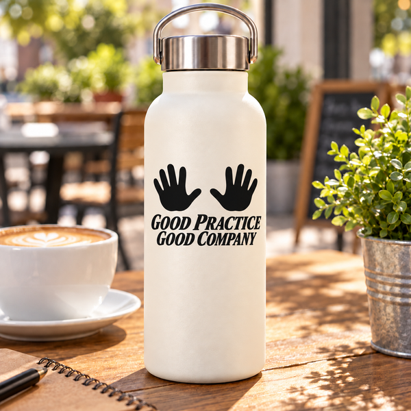 Vinyl decal with two black hand icons and 'GOOD PRACTICE GOOD COMPANY' text