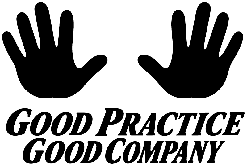 Vinyl decal close-up with two black hand icons and 'GOOD PRACTICE GOOD COMPANY' lettering