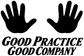 Vinyl decal close-up with two black hand icons and 'GOOD PRACTICE GOOD COMPANY' lettering