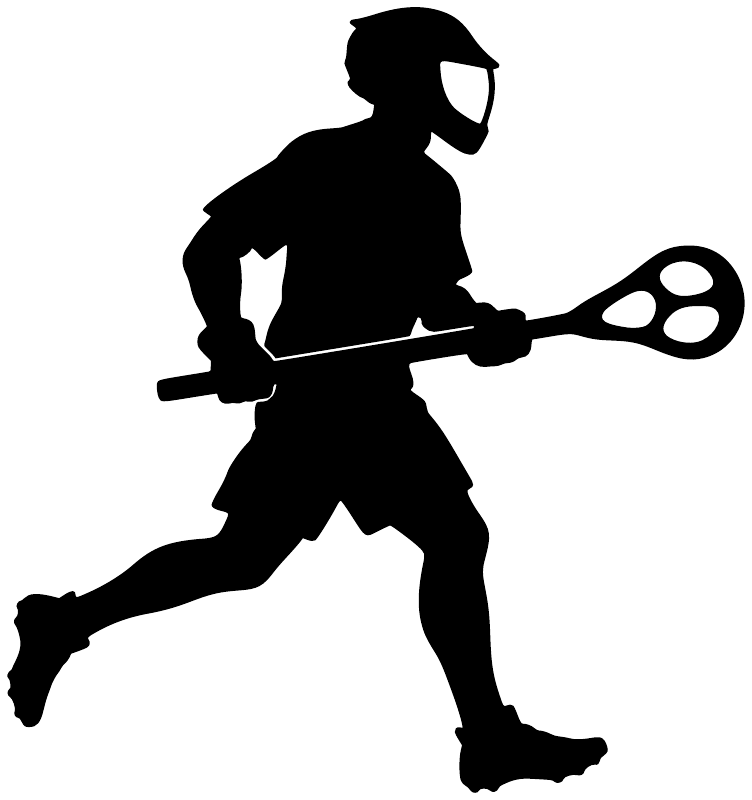 Black lacrosse player vinyl decal silhouette running with lacrosse stick, isolated on white.