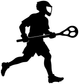 Black lacrosse player vinyl decal silhouette running with lacrosse stick, isolated on white.