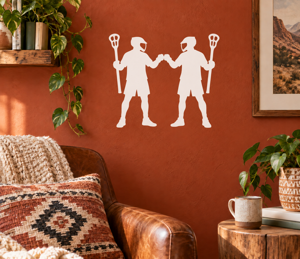 Lacrosse teammate moment vinyl decal with three white players holding lacrosse sticks