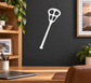 Lacrosse stick vinyl decal with shield-style head and long handle, white.