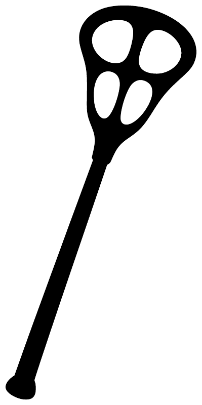 Lacrosse stick vinyl decal with shield-style head and long handle, black.