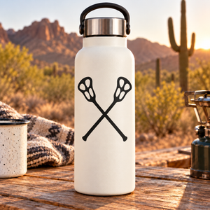 Crossed lacrosse sticks vinyl decal on white bottle