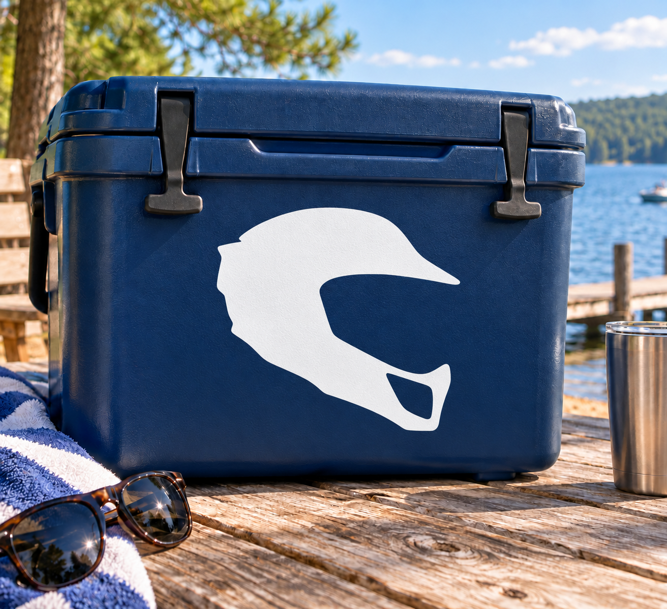 Lacrosse helmet profile vinyl decal on blue surface, white helmet silhouette.