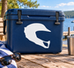 Lacrosse helmet profile vinyl decal on blue surface, white helmet silhouette.