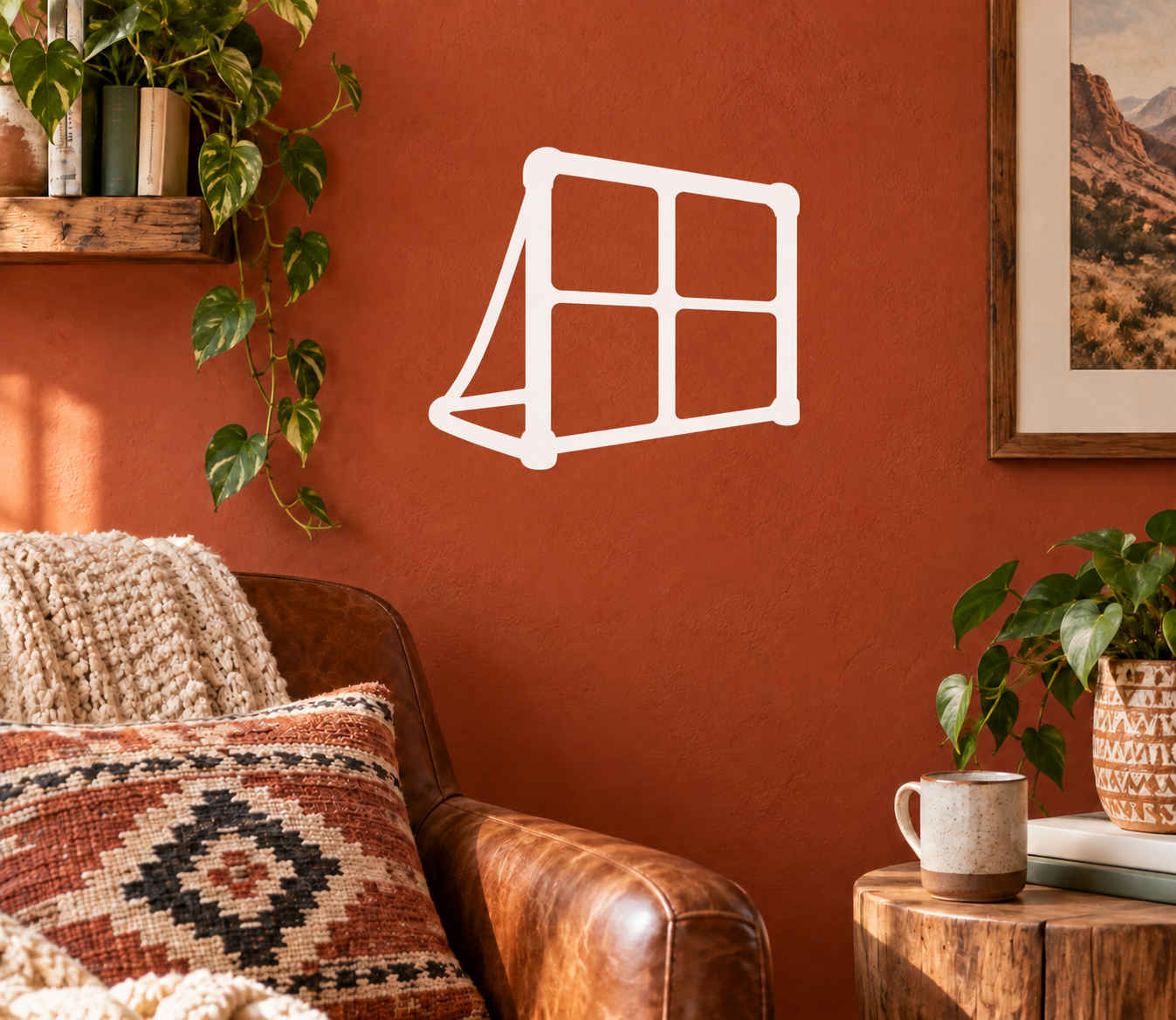 Lacrosse goal frame wall decal, white outline on indoor wall