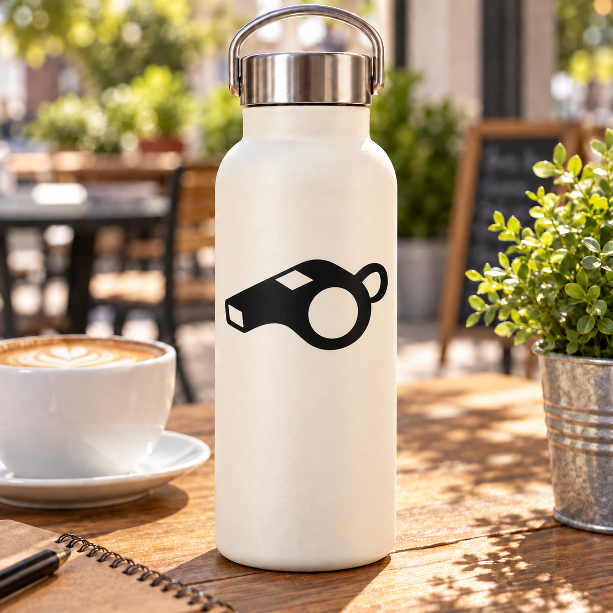 Lacrosse whistle vinyl decal on white bottle, black whistle icon