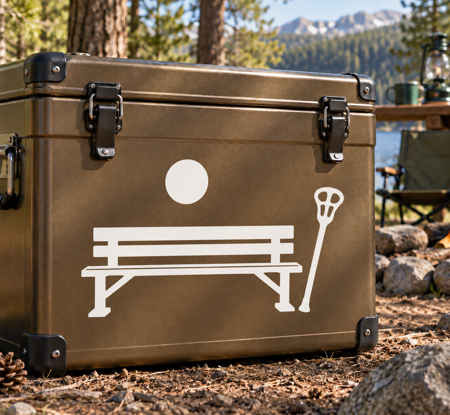 Lacrosse vinyl bench decal: white bench, lacrosse stick, and circular dot design