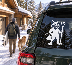 Lacrosse fox teammate vinyl decal on car window, black fox holding a lacrosse stick