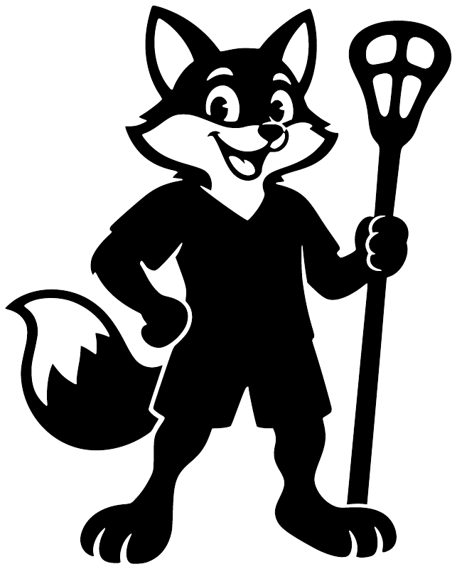 Lacrosse fox teammate vinyl decal, black cartoon fox holding a lacrosse stick on white
