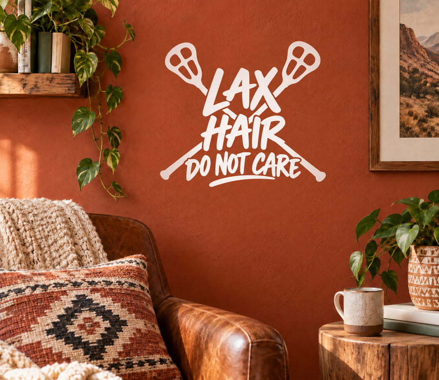 Vinyl lacrosse decal: LAX HAIR DO NOT CARE with crossed stick icons