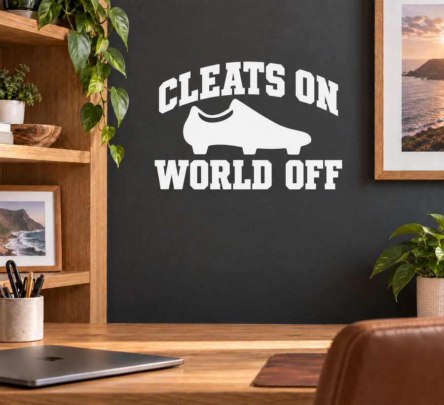 Vinyl decal with “CLEATS ON WORLD OFF” lettering and cleat icon