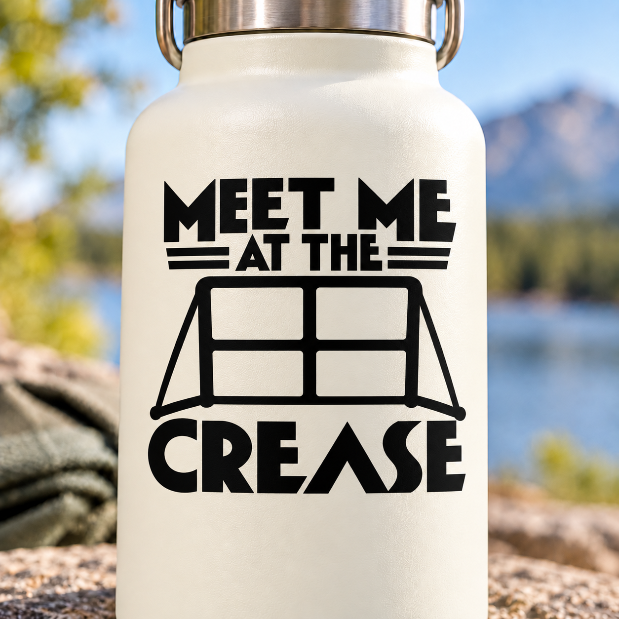 Vinyl decal for lacrosse: “MEET ME AT THE CREASE” with goal icon on bottle