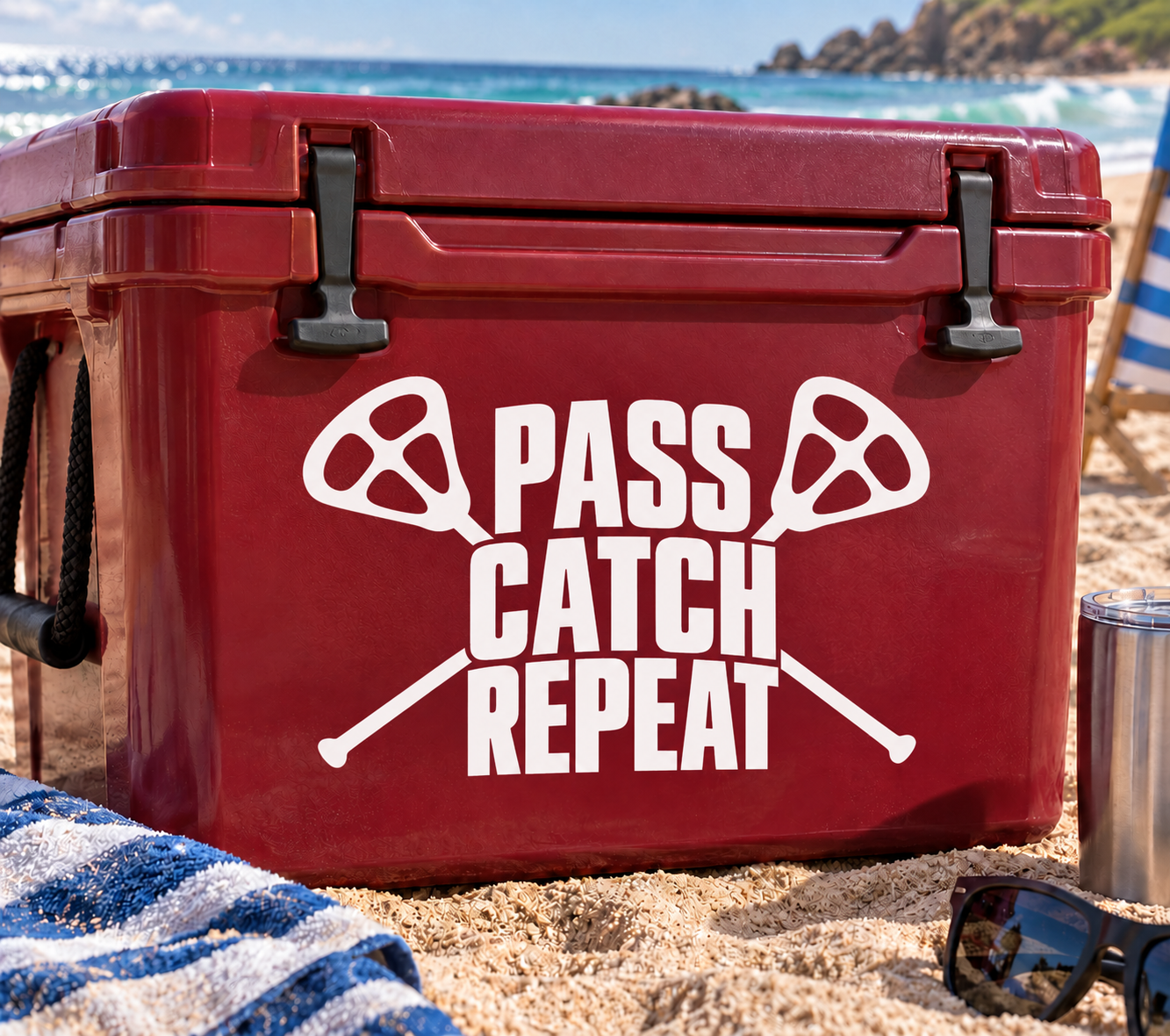 White vinyl decal: PASS CATCH REPEAT with lacrosse stick and ball icons