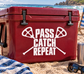 White vinyl decal: PASS CATCH REPEAT with lacrosse stick and ball icons