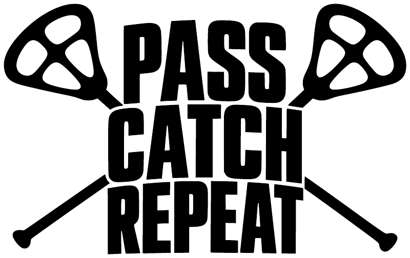 Black vinyl decal text PASS CATCH REPEAT with lacrosse stick and ball icons