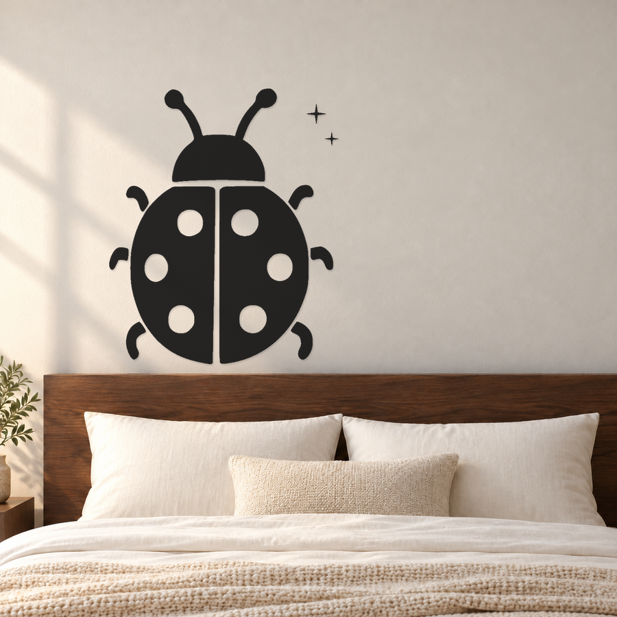 Ladybug vinyl wall decal, black with white dots and small sparkle accents