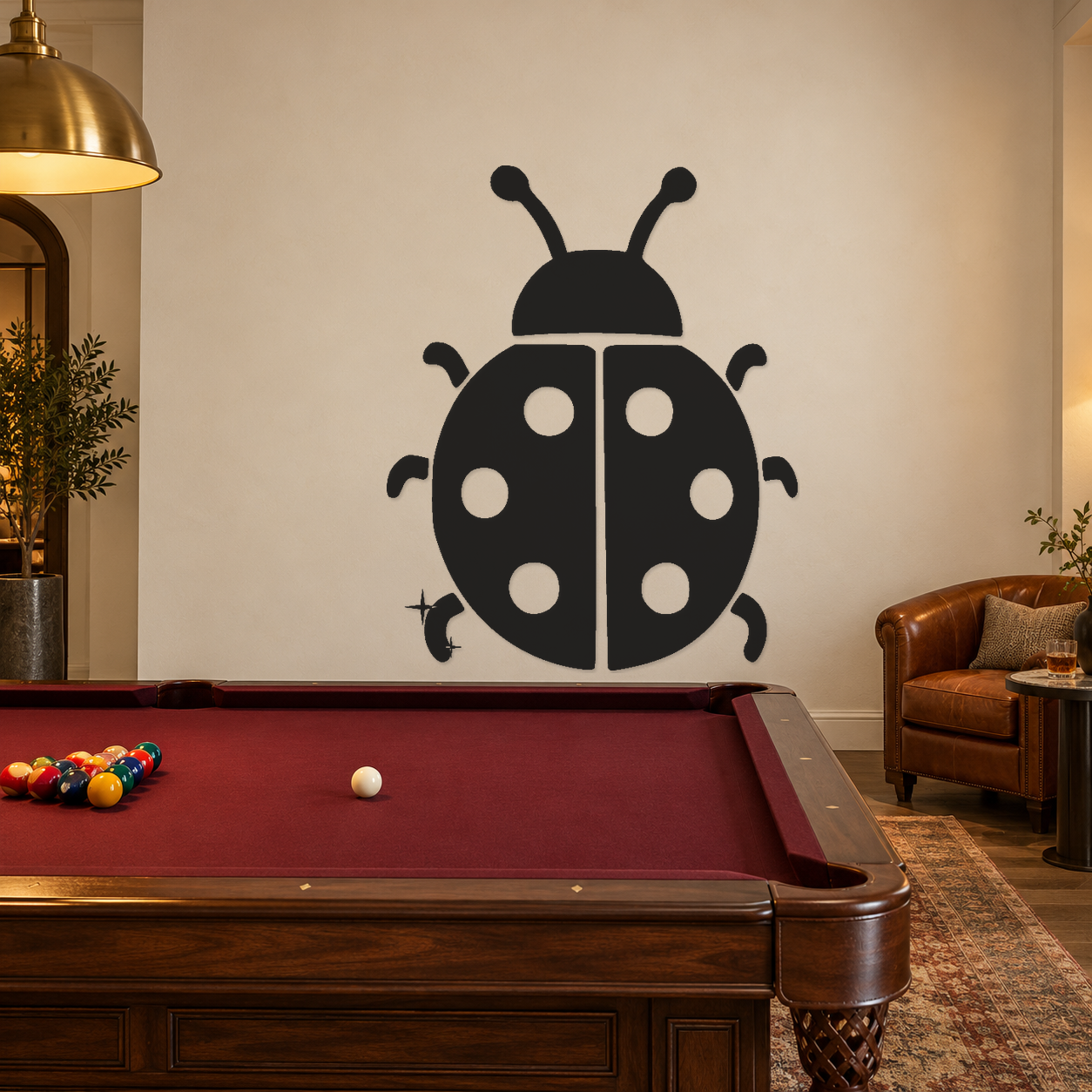 Black ladybug vinyl decal with white dot spots, mirrored split wings, small sparkle details