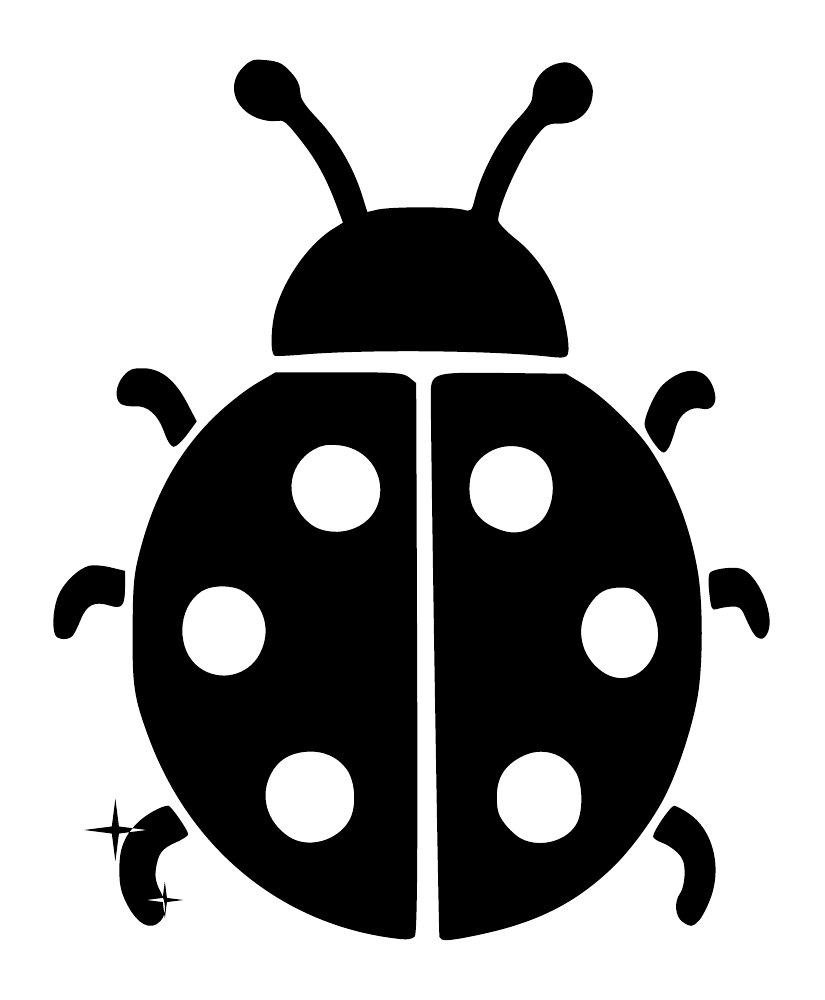 Black ladybug vinyl decal close-up with white dot spots, mirrored split wings, sparkle accents
