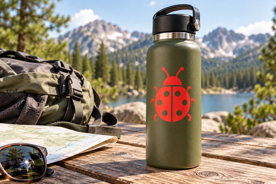 Red ladybug vinyl decal with six round spots on a green water bottle