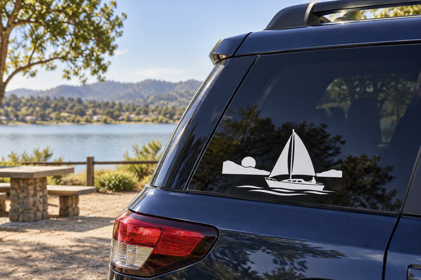White sailboat icon vinyl decal on car rear window