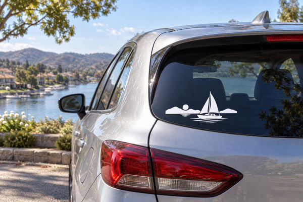 Black sailboat vinyl decal on car rear window, with shoreline and circular sun
